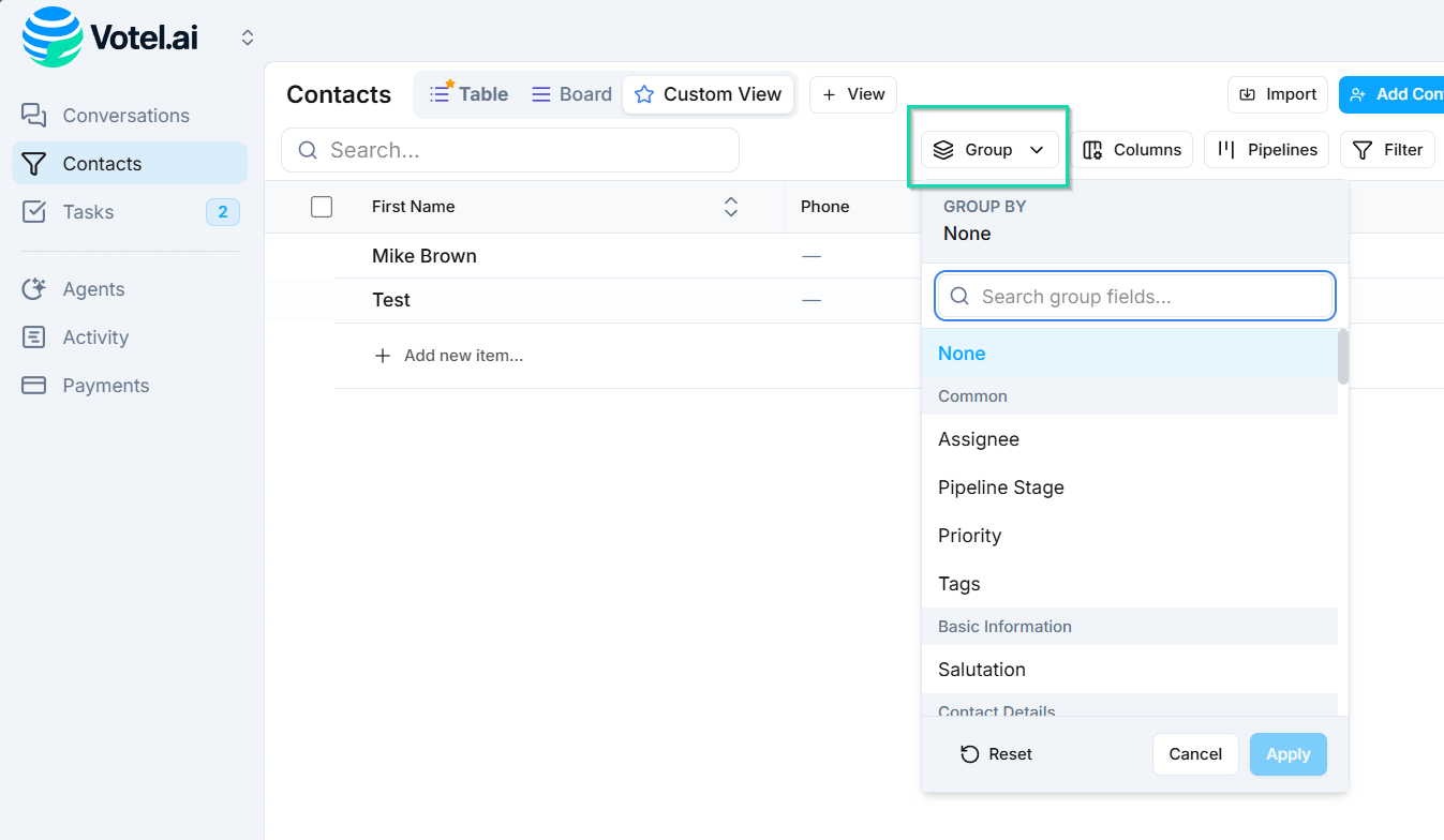 Set groupings to organize contacts